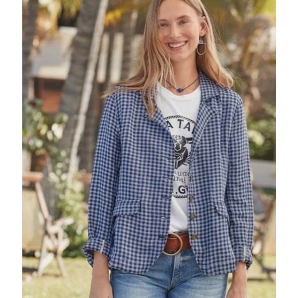 Sundance Ziri Blazer Jacket Small Blue Gingham 100% Linen Button Pockets